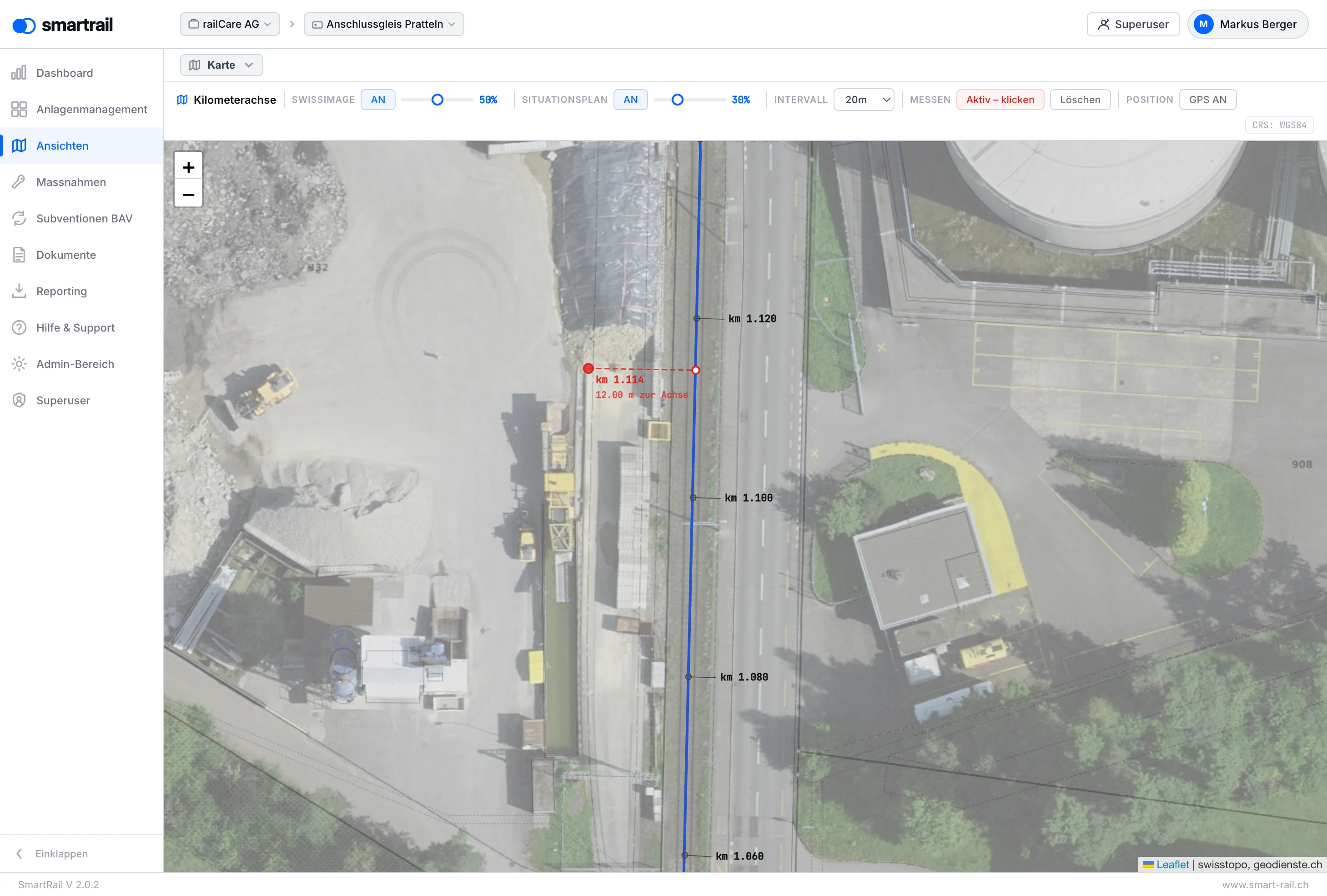 SmartRail Karte - Kilometerachse linear referenziert